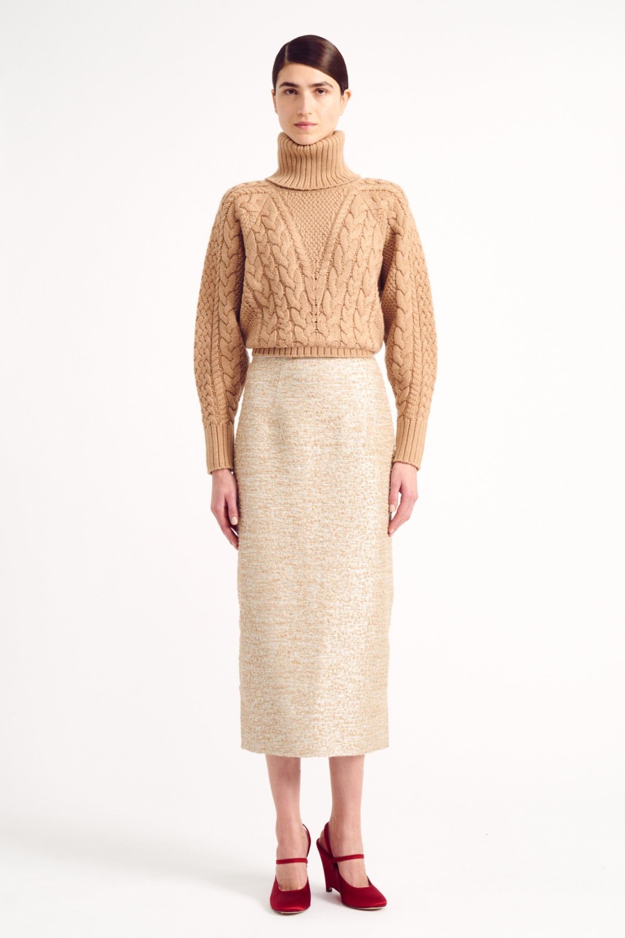 Women Emilia Wickstead Knitwear | Otis Sand Melange Cashfeel Cable Knit Sweater