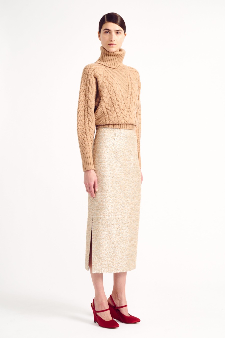 Women Emilia Wickstead Knitwear | Otis Sand Melange Cashfeel Cable Knit Sweater