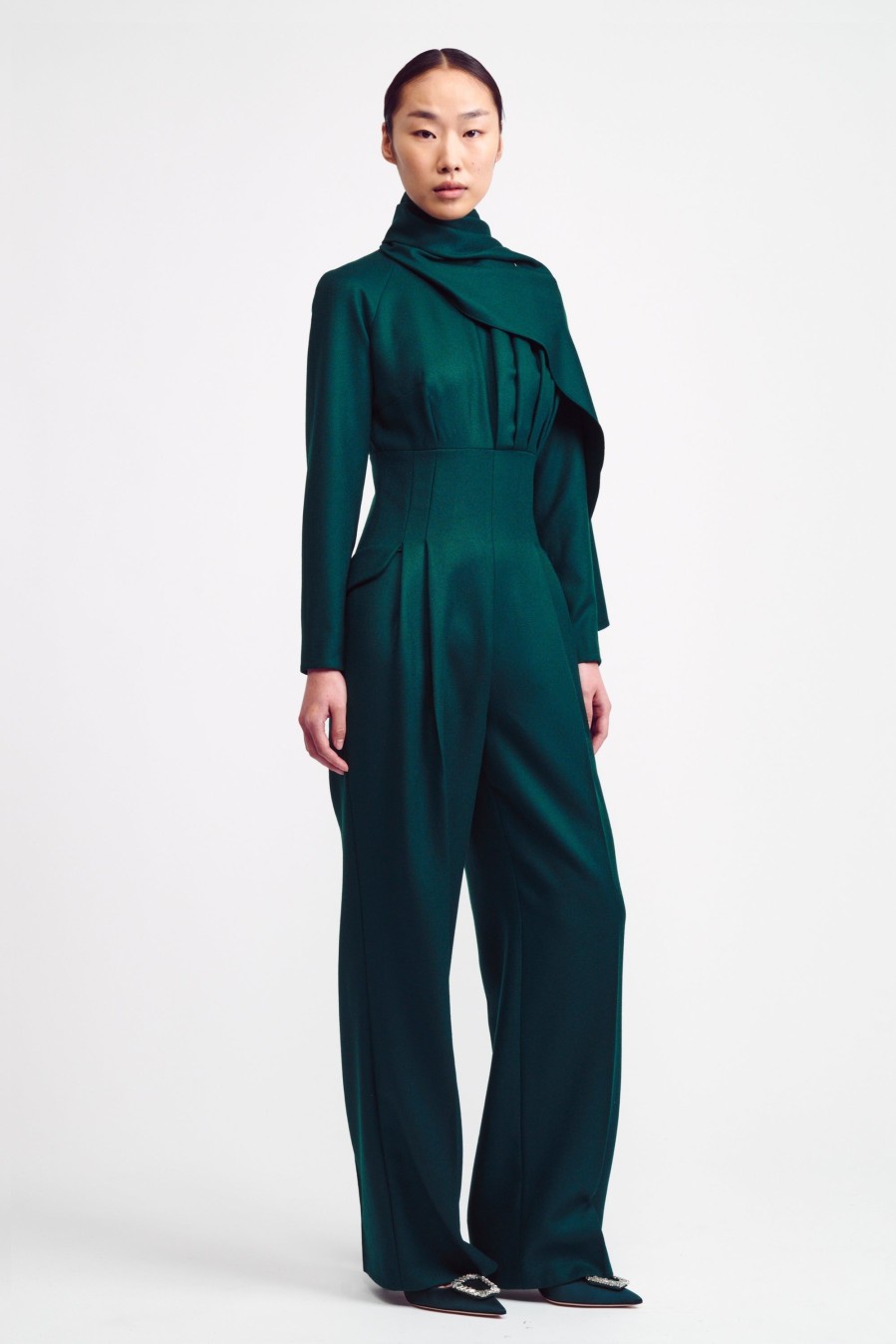 Women Emilia Wickstead Jumpsuits | Ksora Cape Detail Jumpsuit In Emerald Green Flanella