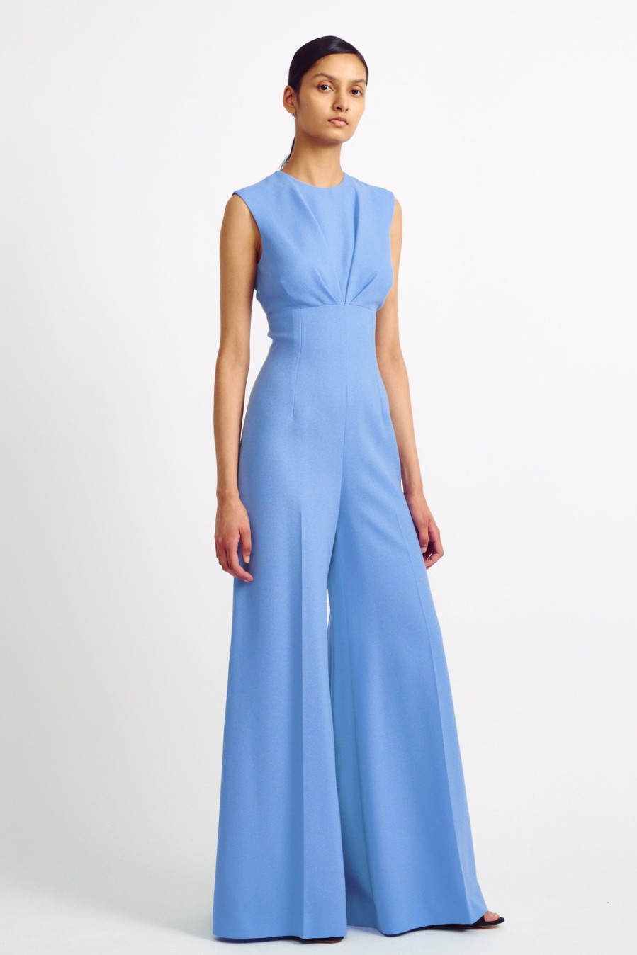 Women Emilia Wickstead Jumpsuits | Whitney Blue Double Crepe Flared Jumpsuit