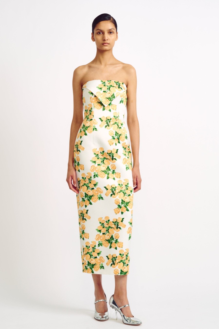 Women Emilia Wickstead Dresses | Brigitta Yellow Floral Print Strapless Dress