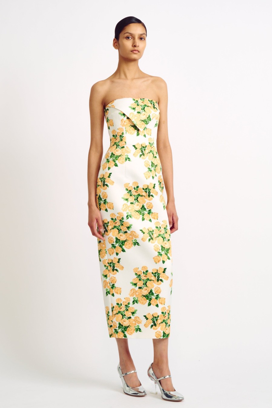 Women Emilia Wickstead Dresses | Brigitta Yellow Floral Print Strapless Dress