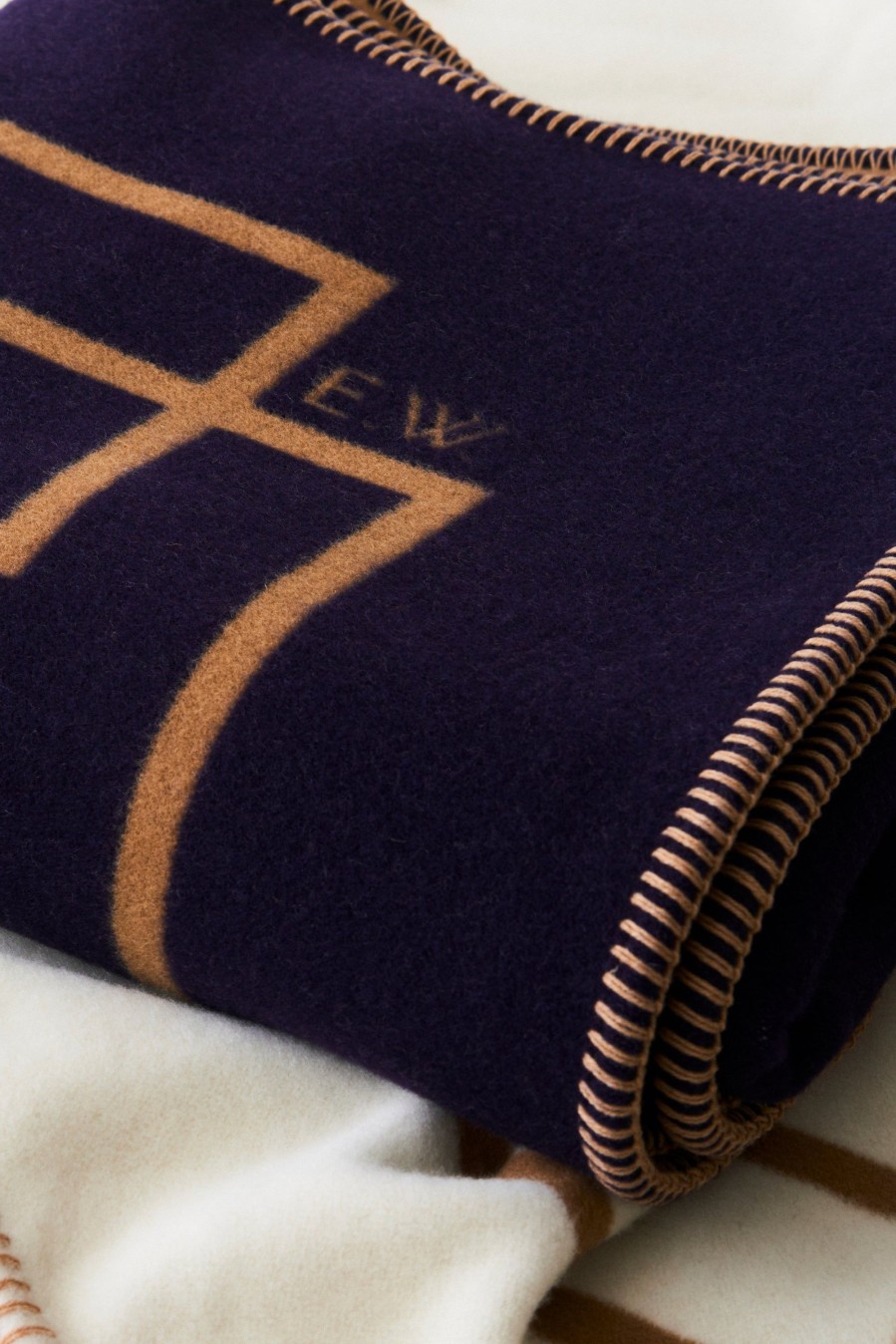 Homeware Emilia Wickstead | Roma Geometric Detail Blanket In Camel & Navy Wool