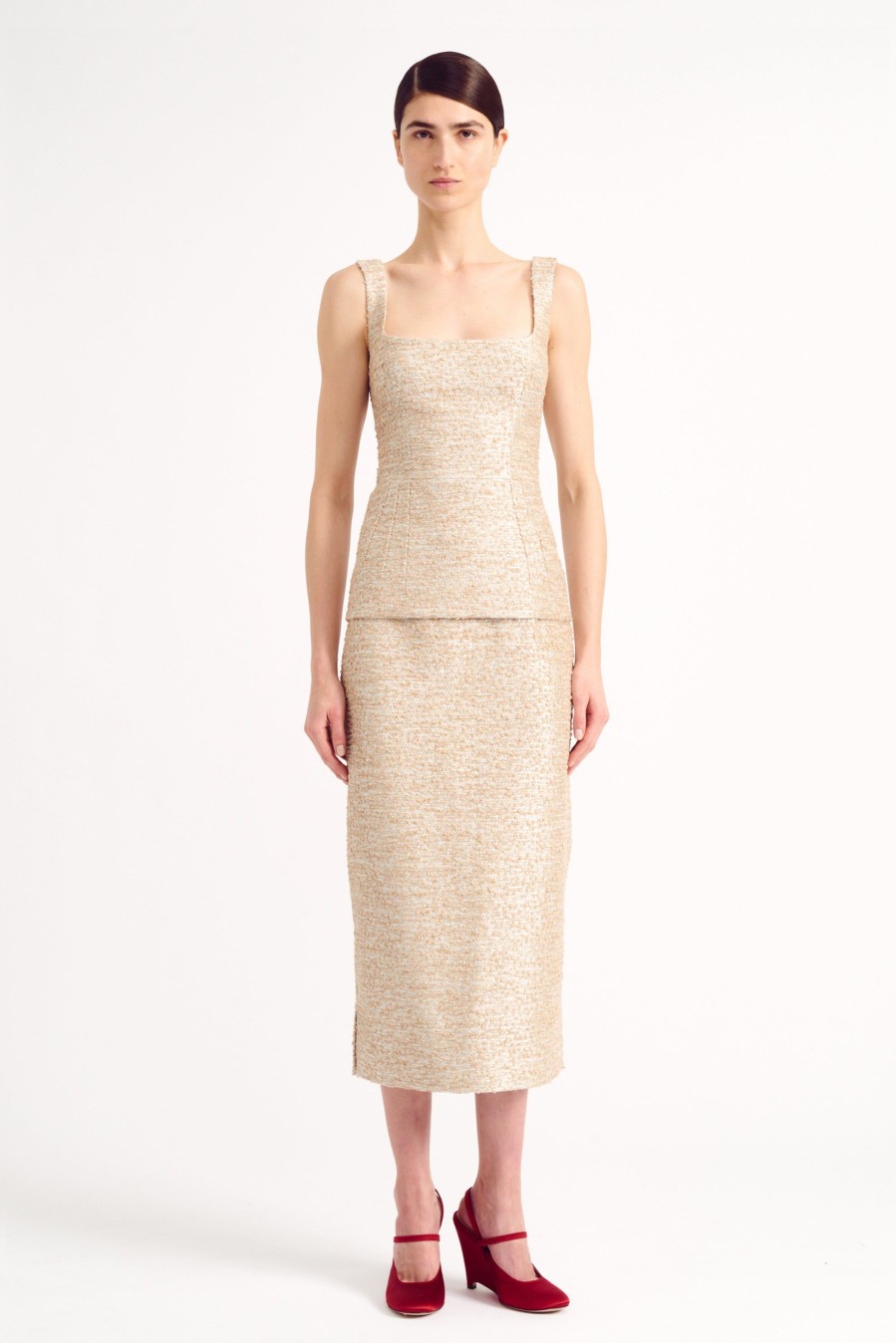 Women Emilia Wickstead Skirts | Ariceli Beige And Silver Jacquard Tweed Skirt