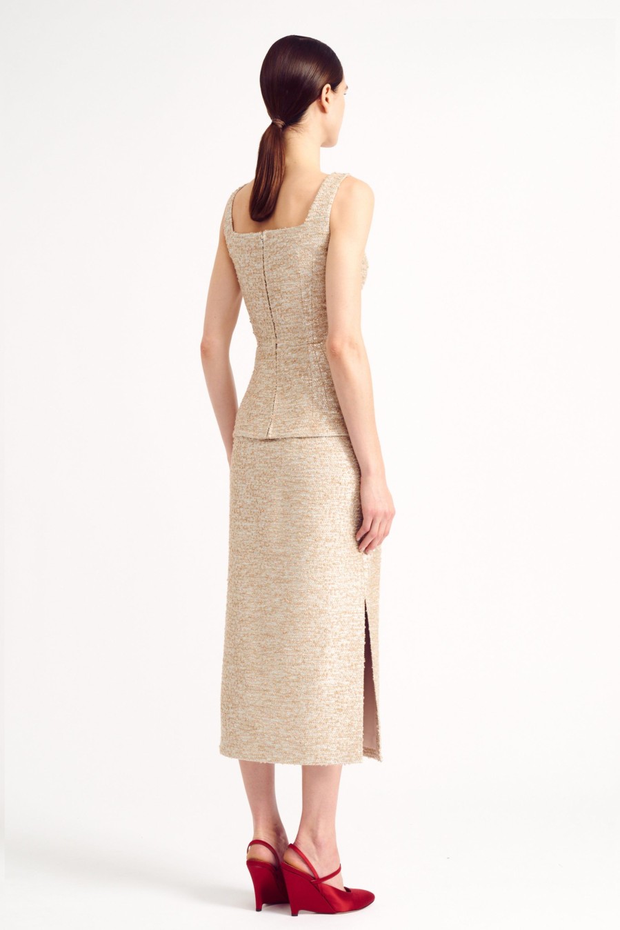 Women Emilia Wickstead Skirts | Ariceli Beige And Silver Jacquard Tweed Skirt